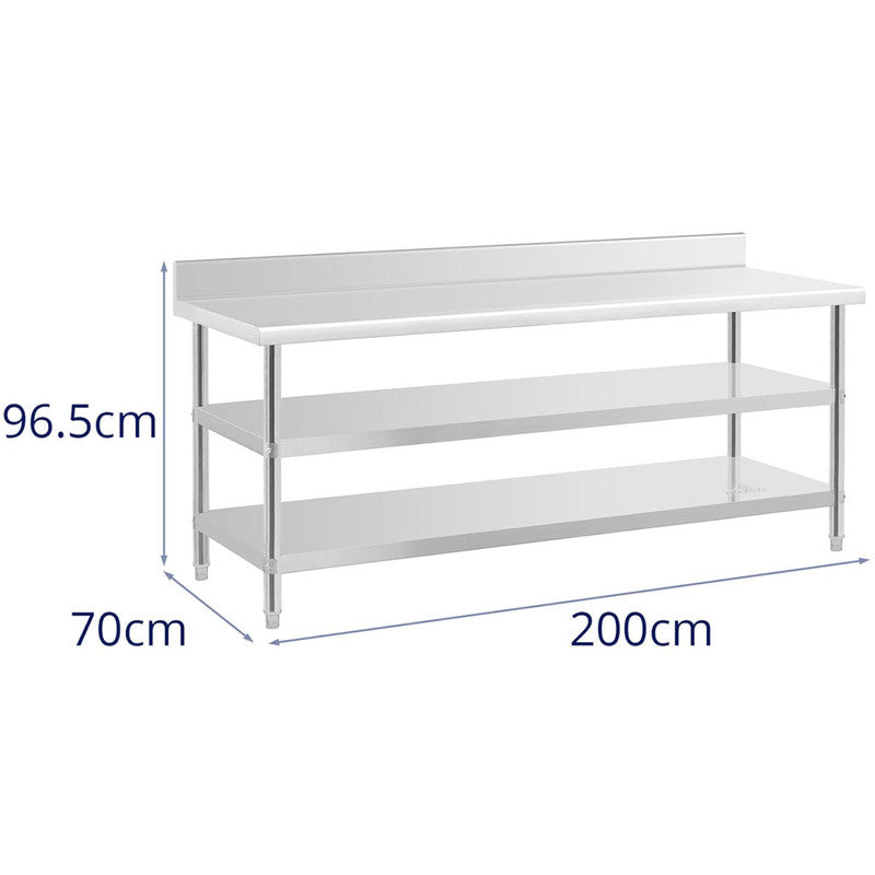 Werktafel RVS – Roestvrijstalen Werkbank – Werktafel Met Opstaande Rand – Opbergtafel – Werktafel Met Planken – 200x70 cm – Robuust RVS Met 2 Opbergniveaus
