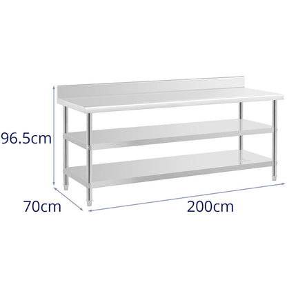 Werktafel RVS – Roestvrijstalen Werkbank – Werktafel Met Opstaande Rand – Opbergtafel – Werktafel Met Planken – 200x70 cm – Robuust RVS Met 2 Opbergniveaus