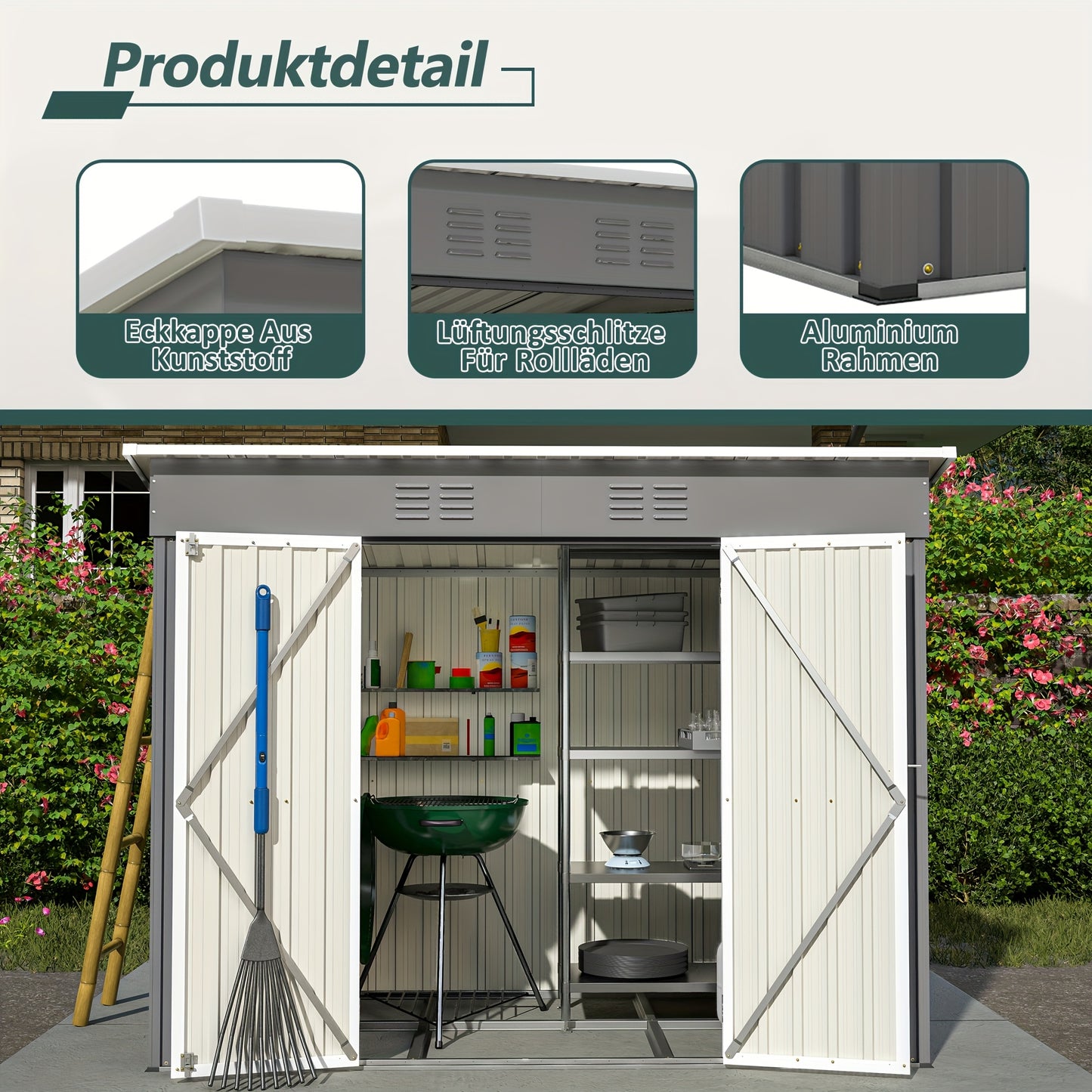 Metalen Tuinschuur – Tuinberging – Tuinhuisje – Opslagschuur – Fietsenberging – Gegalvaniseerd Staal – Ventilatie En Sluitbaar Deursysteem – 244x122 cm Grijs