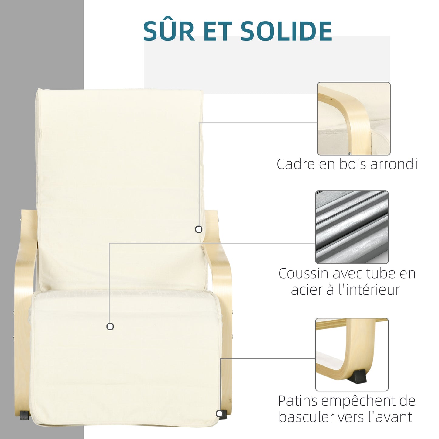 Relaxstoel – Fauteuil – Loungestoel – Zitstoel – Armstoel – Verstelbare Voetensteun – Ergonomisch Ontwerp – Solide Hout – Crèmekleur – Hoogwaardig Schuim