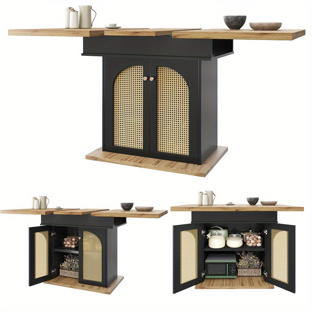 Uittrekbare Eettafel – Uitschuifbare Tafel – Uitklapbare Keukentafel – Multifunctionele Eettafel – Ruimtebesparende Tafel – Zwart Met PE Rotan Deuren – 110-140x80 cm – Geschikt Voor 4-6 Personen