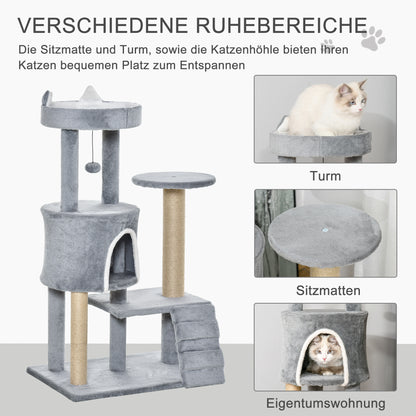 Krabpaal – Krabboom – Kattenmeubel – Klimpaal – Kattenpaal – Lichtgrijs – 100 cm Hoog – Jute Bekleed & Kattenhol Met Ladder