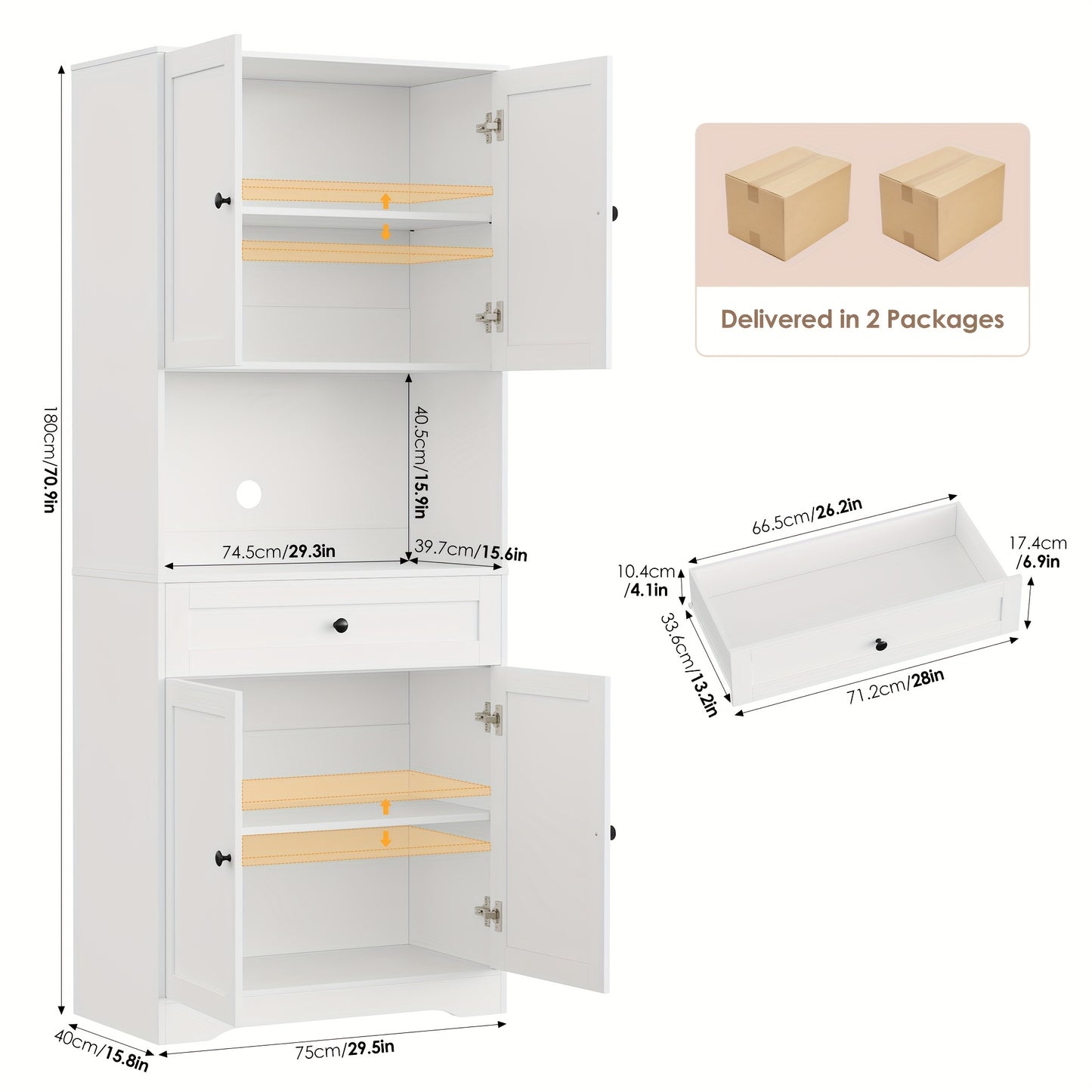 Opbergkast – Keukenkast – Buffetkast – Wijnkast – Kast Wit – MDF Materiaal – Compact 69 cm Hoog – Vrijstaand Met Glazen Deuren