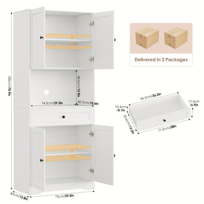 Opbergkast – Keukenkast – Buffetkast – Wijnkast – Kast Wit – MDF Materiaal – Compact 69 cm Hoog – Vrijstaand Met Glazen Deuren