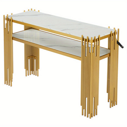 Sidetable – Wandtafel – Consoletafel – Haltafel – Bijzettafel – Mid-Century Modern – Wit Met Gouden Poten – MDF Dubbele Laag – Draagt Tot 40kg