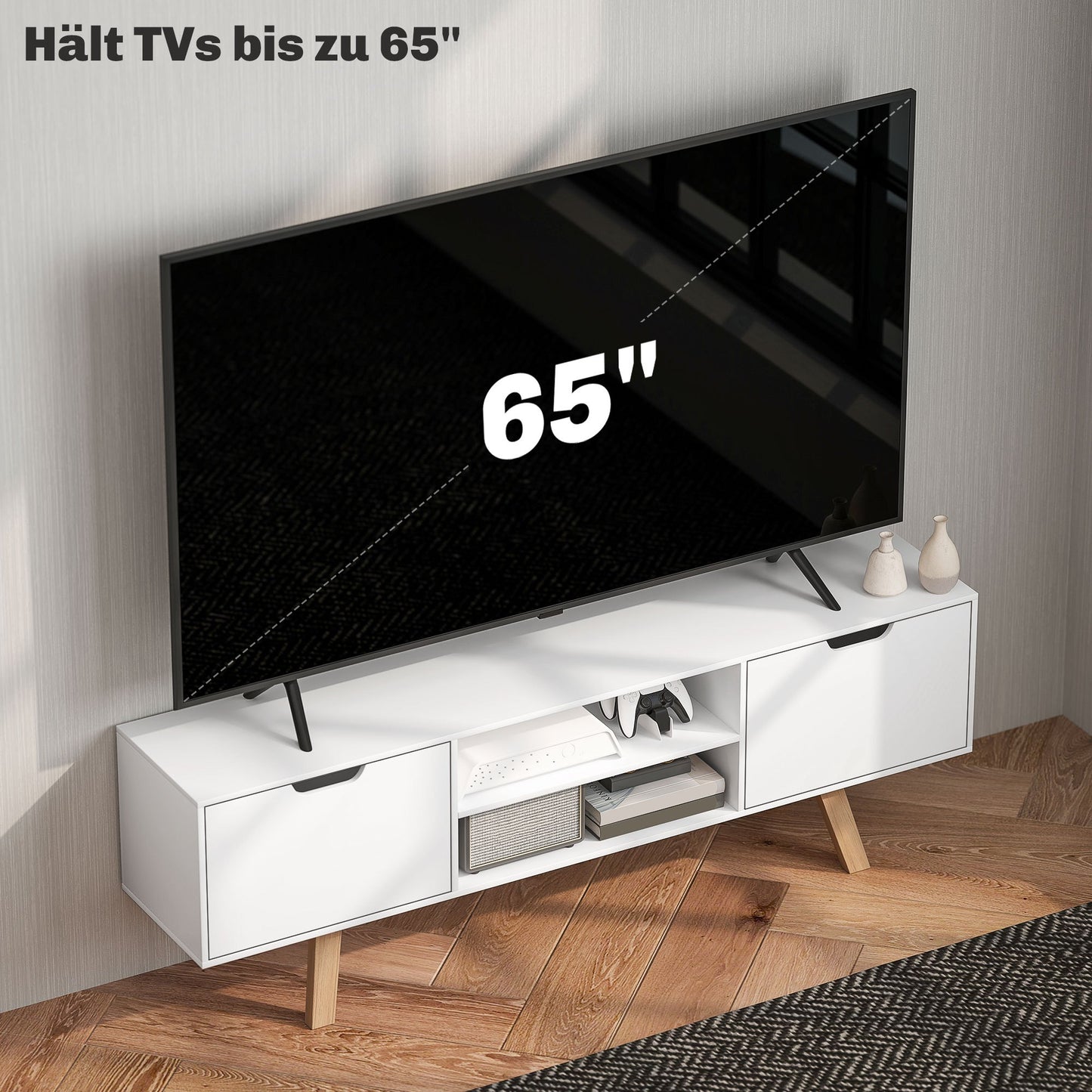 TV-kast – Tv-meubel – Lowboard – Mediameubel – Wandmeubel – Wit – Geschikt voor tv tot 65 inch – Kabelmanagement en ruime opbergladen