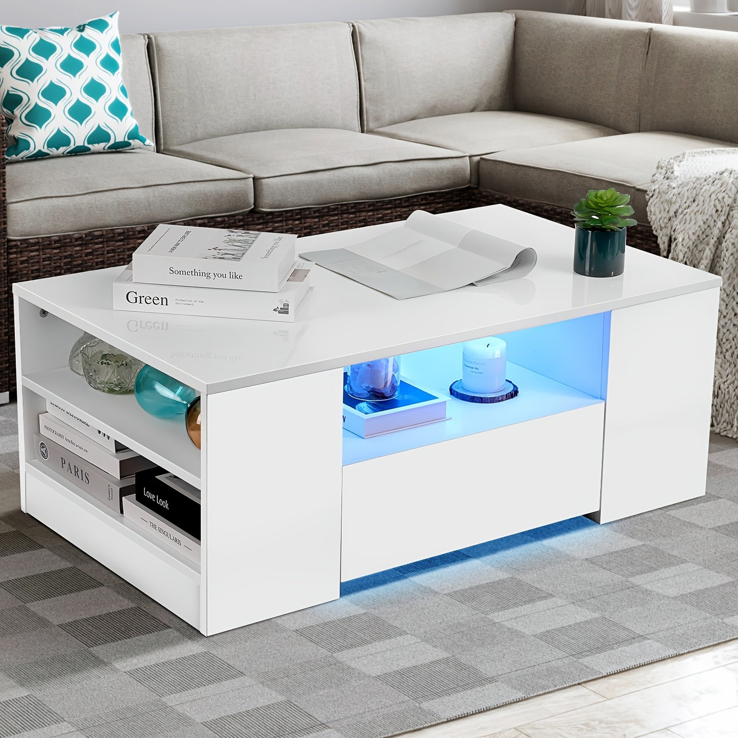 Salontafel – Koffietafel – Bijzettafel – Woonkamertafel – Tafel – Wit – Blauwe LED-verlichting – UV-hoogglans MDF met 2 lades