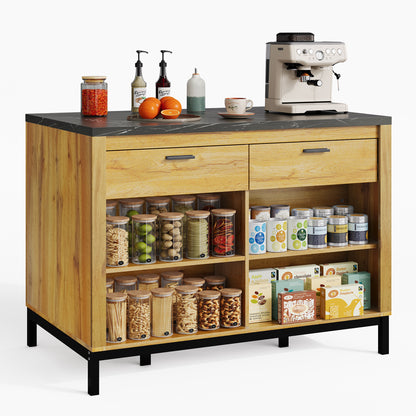 Keukenwagen – Keukentrolley – Keukenmeubel – Keukenkar – Eikenhoutdecor – Zwart Marmeren Werkblad – 120x75x90 cm – Met 2 Lades En 4 Open Planken