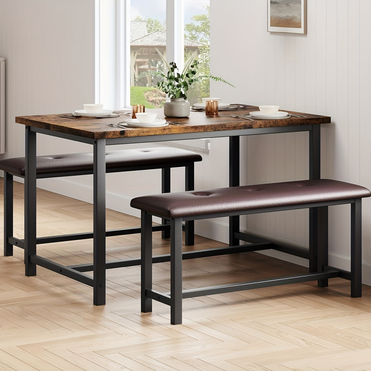 Eetkamertafel met 2 Banken – Keukentafel Set – Tafel voor 4 Personen – Bankenset – Rechthoekige Tafel – Vintage Kleur – Comfortabele Geplaatste Banken – Duurzame Constructie