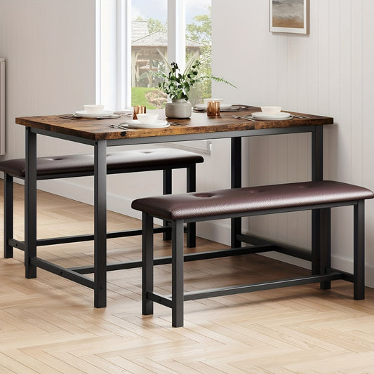 Eetkamertafel met 2 Banken – Keukentafel Set – Tafel voor 4 Personen – Bankenset – Rechthoekige Tafel – Vintage Kleur – Comfortabele Geplaatste Banken – Duurzame Constructie