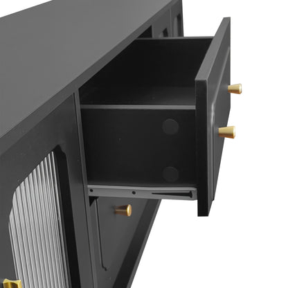 Retro TV Stand with Glass Door Cabinet - Heavy-Duty Metal Construction, Black Entertainment Center with Golden Handles, Living Room Storage Furniture for Media Console or Sideboard - Easy Assembly Required, Tv Console for Liv
