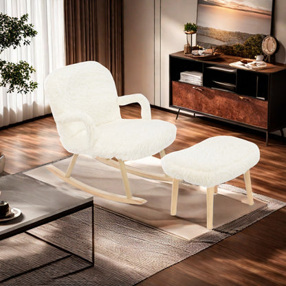 Schommelstoel – Relaxstoel – Fauteuil – Wipstoel – Lounge Stoel – Met Voetensteun – Wit Pluche – Massief Houten Frame
