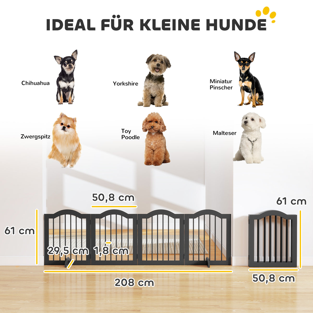 Hondenafscheiding – Hondenhek – Huisdierbarrière – Hondenomheining – Vrijstaande Afzetting – Zwarte Uitvoering – 4 Panelen 208x61 cm – Opvouwbaar en Stevig