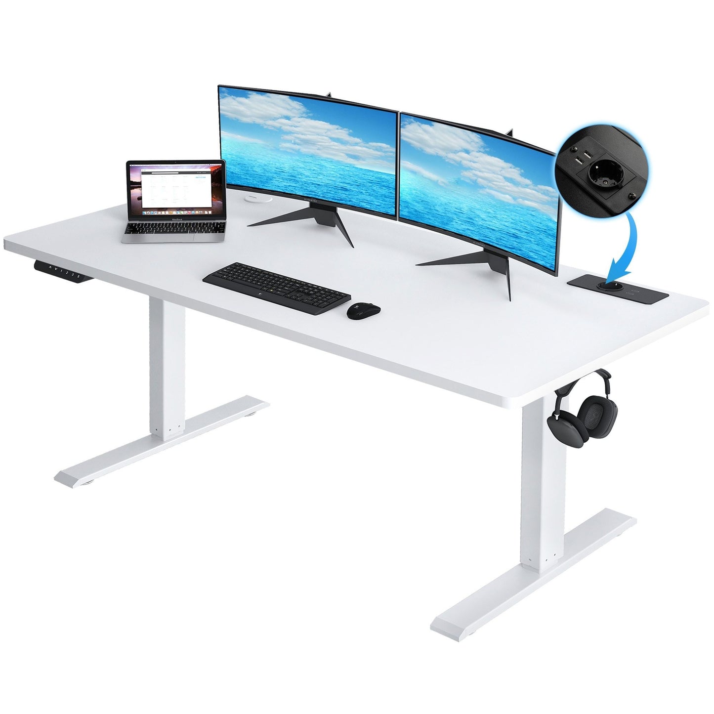 Verstelbaar Bureaublad – Zit-Sta Bureau – Elektrisch Bureau – Bureautafel – Werkplek Bureau – 140x60 cm – Melamine Gecoat – Geïntegreerde Stopcontacten