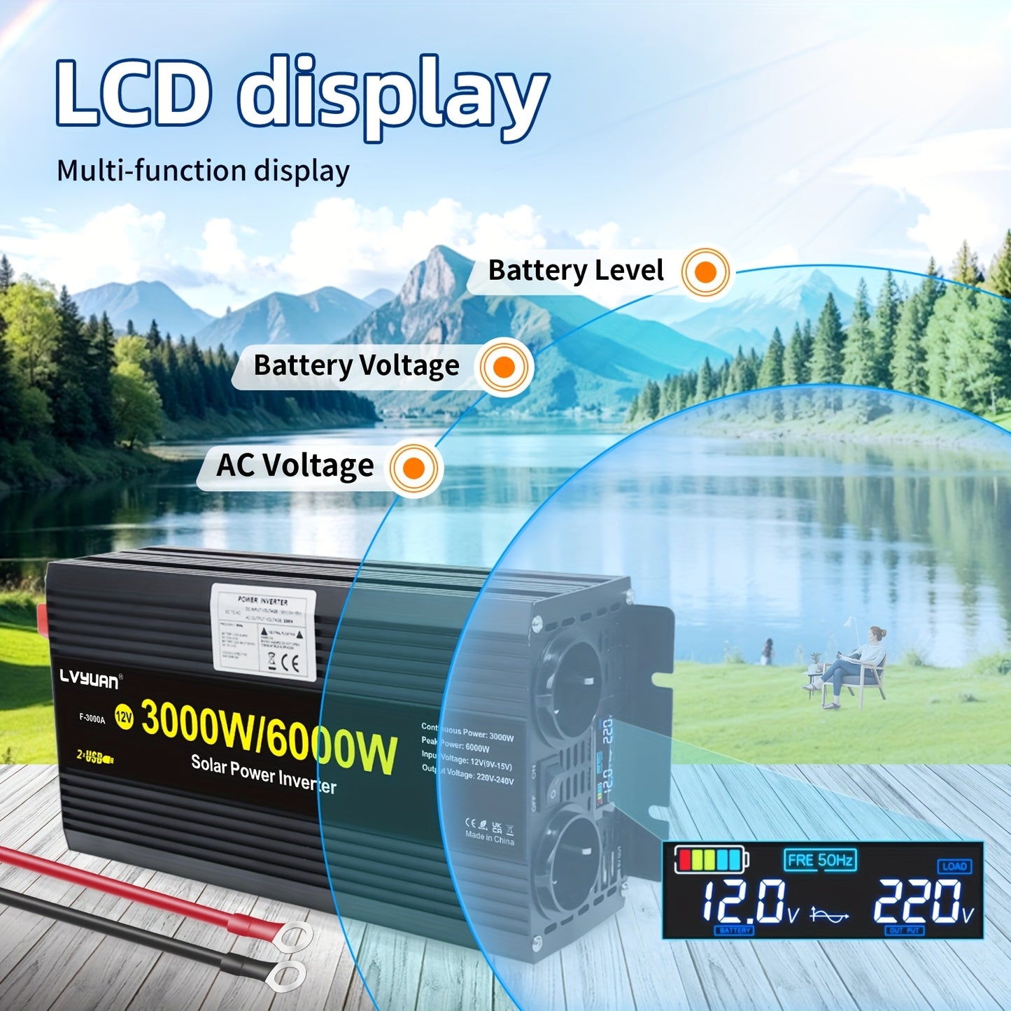 Omvormer – Spanningsomvormer – Converter – Stroomomzetter – Inverter – 3000W Continu Vermogen – LCD-Display & Metalen Behuizing
