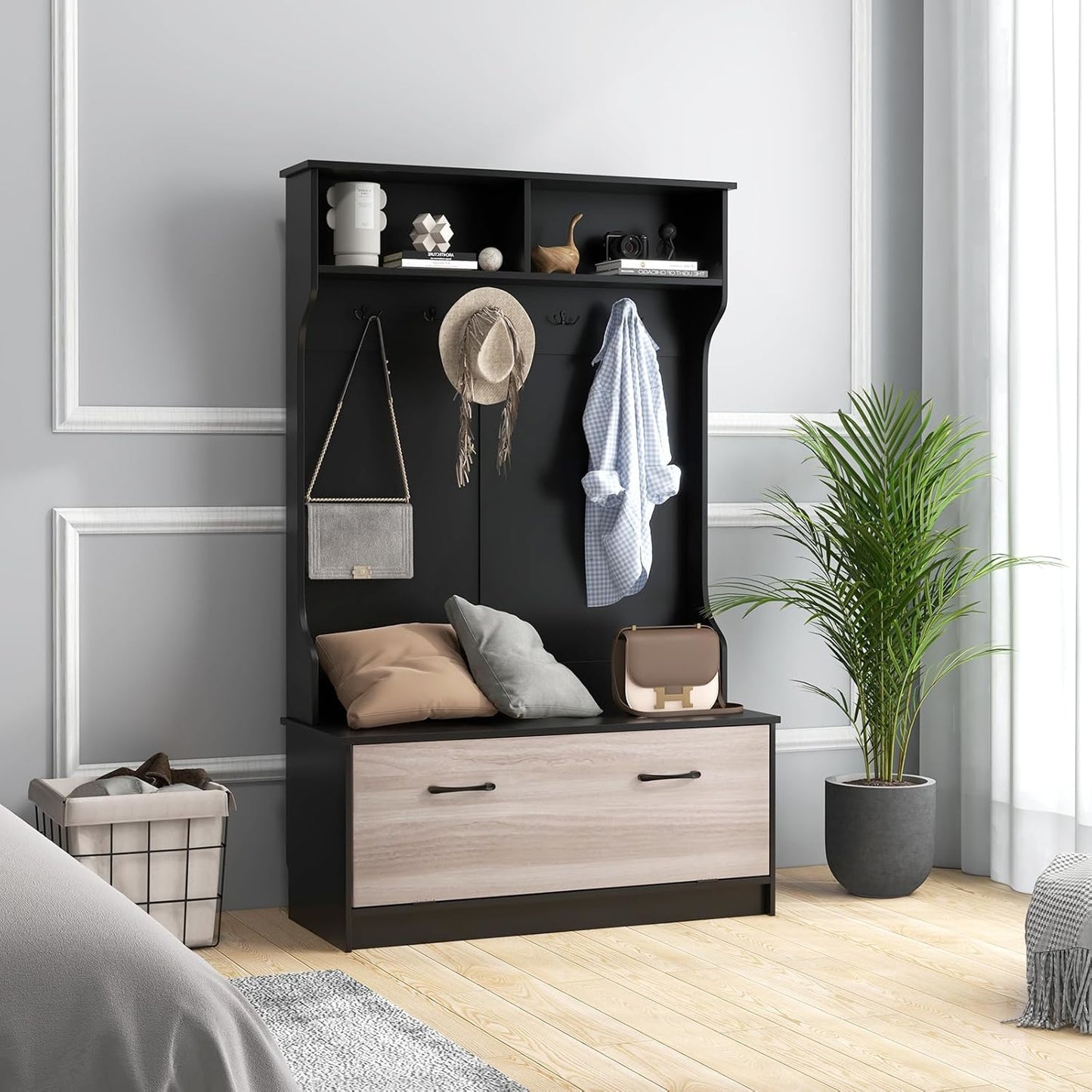 Kapstok – Garderoberek – Staande Kapstok – Garderoberek Met Bank – Opbergbank – 5 Dubbele Haken – Modern Design – 100x40x160 cm
