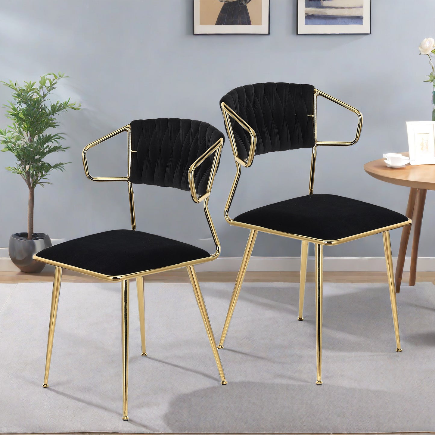Velvet Eetkamerstoelen – Eetkamerstoelen – Stoelen – Accentstoelen – Keukenstoelen – Zwarte Velvet Bekleding – Gouden Metalen Poten – Set van 2 – Ergonomisch Comfort – Draagkracht 136 kg