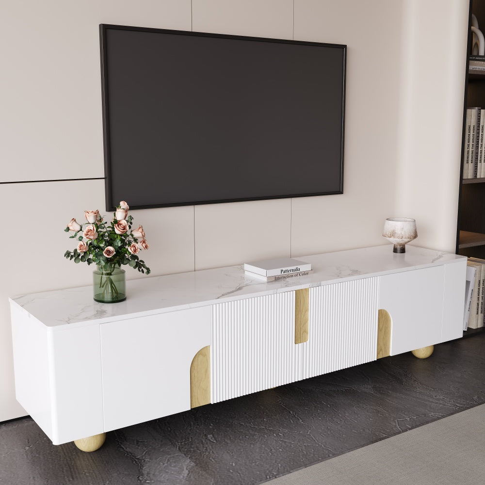 White TV Cabinet 180cm | Four-Door Design, Elegant Silhouette, Marble-Effect Textured Surface, Spherical Wooden Base, Metal Material