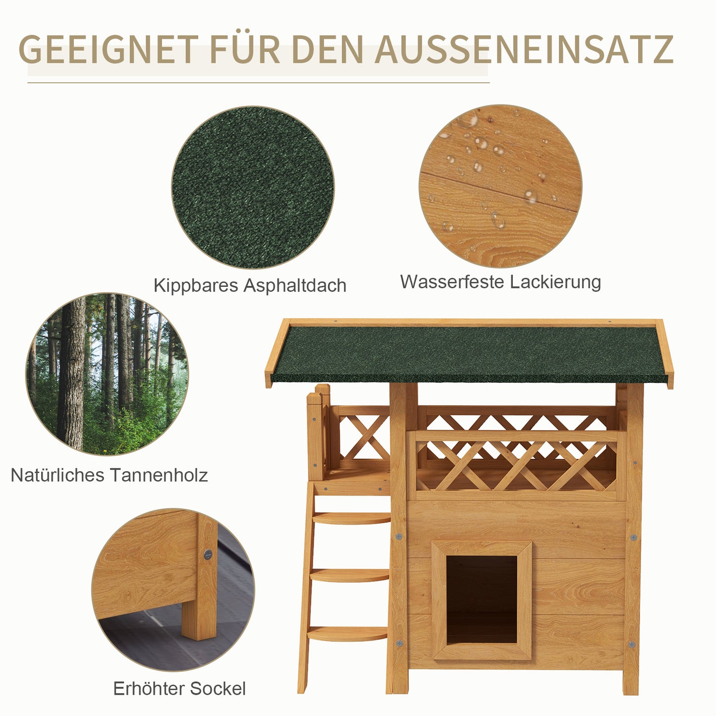 kattenhuis – kattenhok – kattenmand – kattenhol – dierenhuis – duurzaam grenenhout – waterdicht asfaltdak – 2 verdiepingen met trap – ruime kattenbakruimte