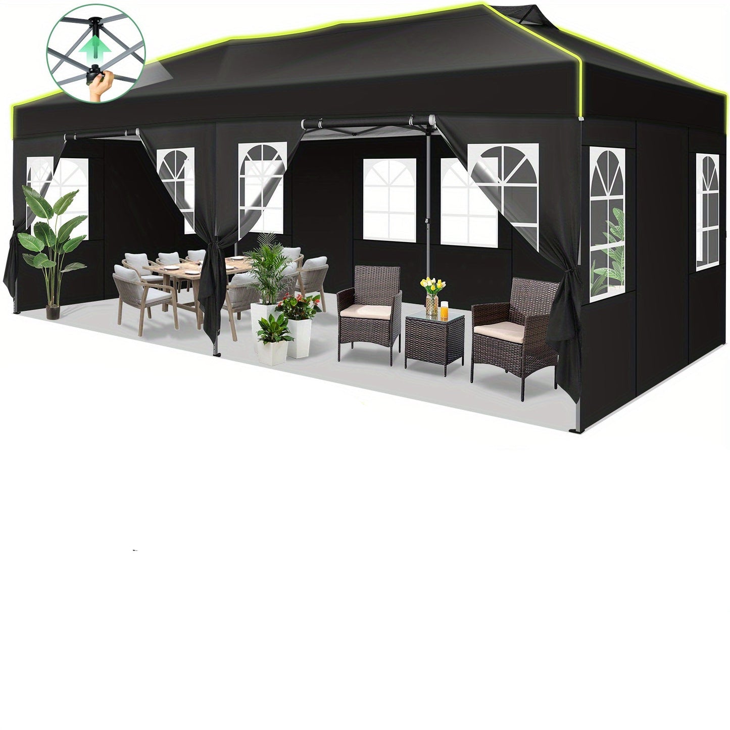 Partytent – Prieel – Tunneltent – Tuinfeest Tent – Overkapping Zwart – 3x6 Meter – Pop-up Met 6 Afneembare Zijwanden – One-Touch Snel Opzetten