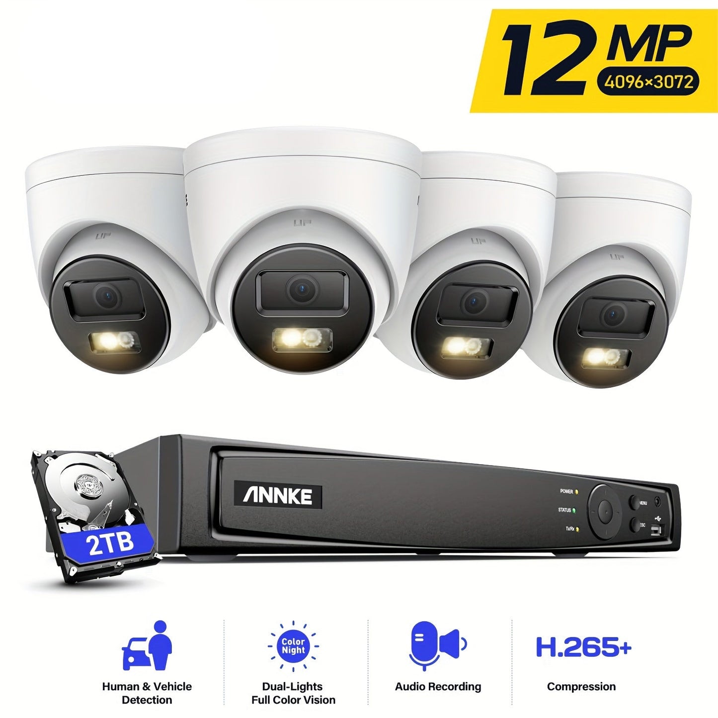 12MP CCTV Beveiligingssysteem – Beveiligingscamera – Toezichtcamera – IP Camera – NVR Recorder – Kleur- & Infra Rood Nachtzicht – Intelligente Mens- en Voertuigdetectie
