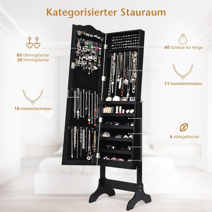 Sieradekast – Juwelenkast – Sieradenopbergkast – Sieradenkabinet – Juwelenkast Met Spiegel – Zwart – Verstelbare Hoek – Slot Met Sleutel