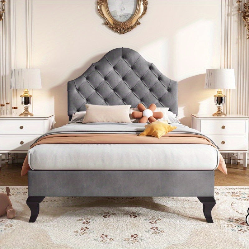 Grijs Fluwelen Bed – Eenpersoonsbed – 1-Persoonsbed – Bedframe – Slaapbed – Verstelbare Hoofdbord – Lattenbodem – 90x200 cm – Eenvoudige Montage