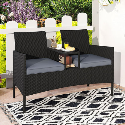 Tuinbank met Tafel – 2-Zits Loungeset – Buitenbank – Terrasmeubilair – Balkonmeubel – Weerbestendig – Met Geïntegreerde Tafel en Comfortabele Kussens – Grijs