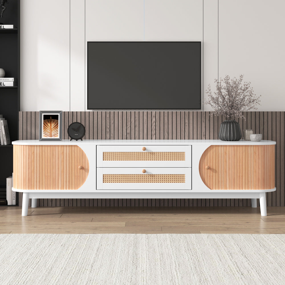 Tv-meubel – TV Kast – Televisiedressoir – Media Meubel – TV Meubel Wit – Landelijke Stijl – Rattan Detail – Veel Opbergruimte