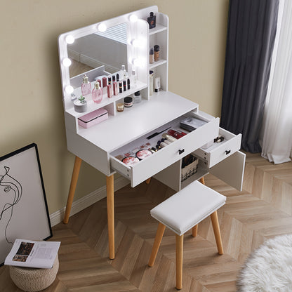 Witte Kaptafel – Make-up Tafel – Vanity Desk – Schminktisch – Dressing Table – Met 2 Opberglades – Uitbreidbaar Opbergkastje – Inclusief Gevuld Krukje