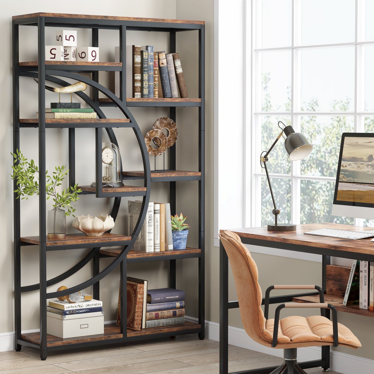 Boekenkast – Open Rek – Wandkast – Roomdivider – Opbergmeubel – Industrieel Design – 9 Vakken – Robuust Metaal & Hout Bruin