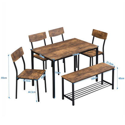 Eettafelset – 6-Delige Diningset – Stoelenset – Bank En Tafel – Houten Eettafel – Industrieel Design – Duurzaam MDF En Stalen Frame – Compact Met Opbergruimte