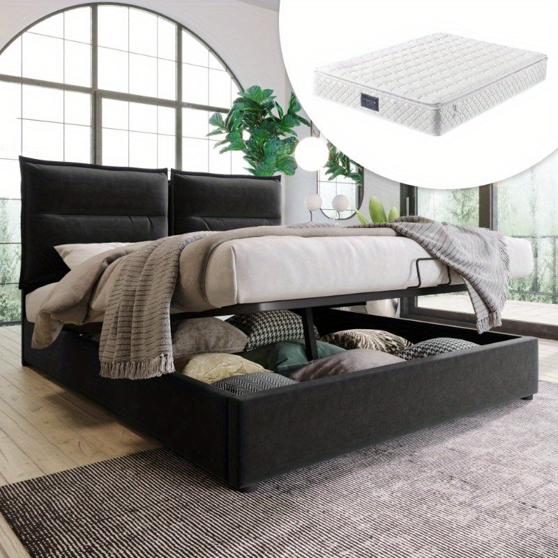 Boxspringbed – Tweepersoonsbed – Opbergbox – Hydraulisch Bed – Stalen Bodem – 140x200 cm – Verstelbaar Hoofdeinde – Inclusief Matras – Zwart Modern Design