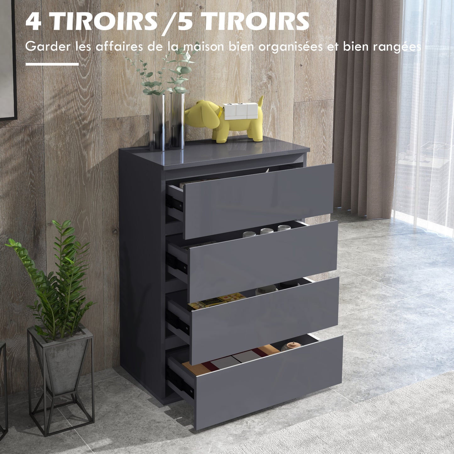 Ladekast – Ladenkast – Commode – Opbergkast – Dressoir – 4 Lades – Soft-Close Mechanisme – Glanzende Grijze Afwerking – 55 x 33 x 80 cm
