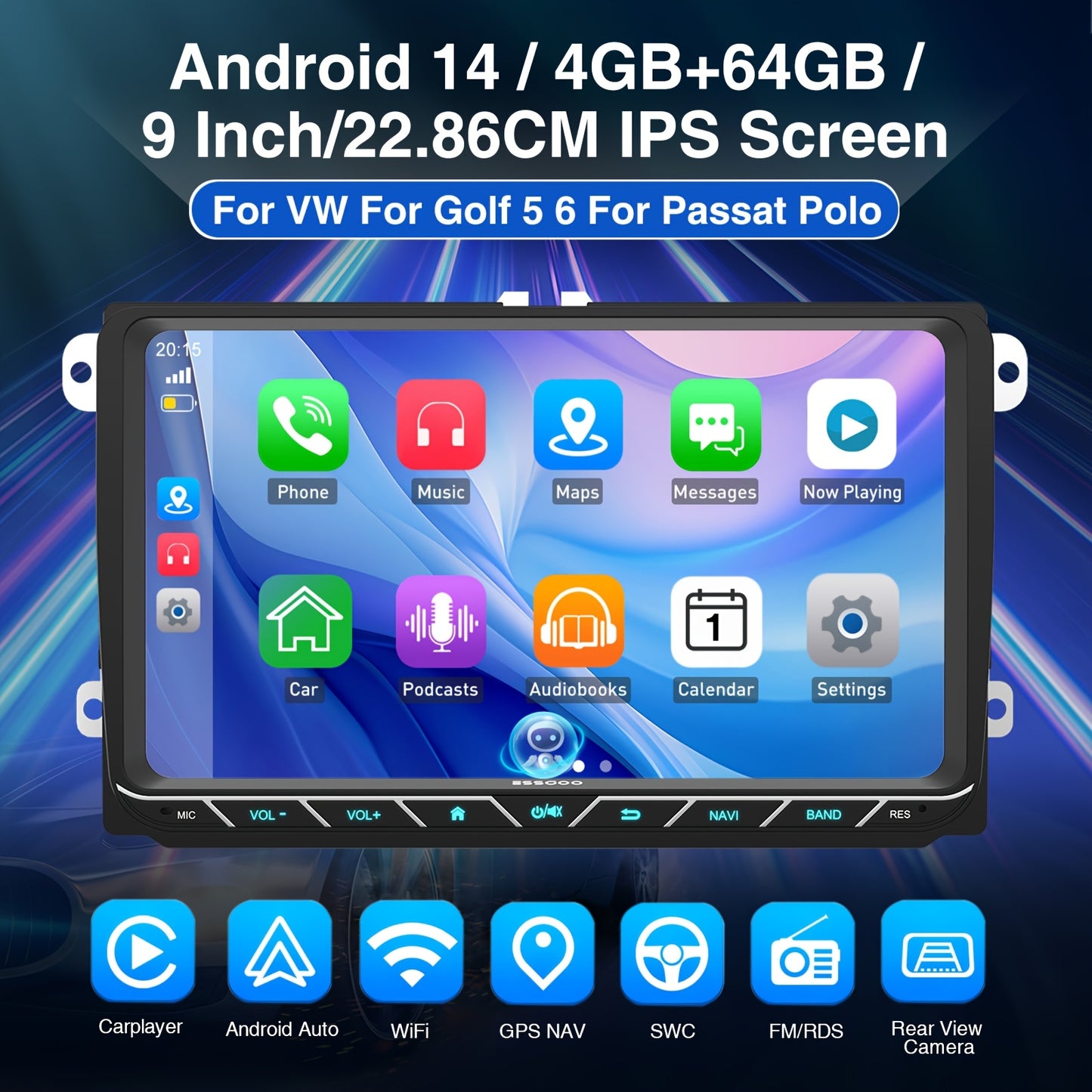 Multifunctionele 9 inch autoradio – Android car stereo – Multimedia speler – GPS navigatie – Carplay auto radio – Met DAB+ adapter en microfoon – IPS touchscreen – 4GB RAM 64GB opslag