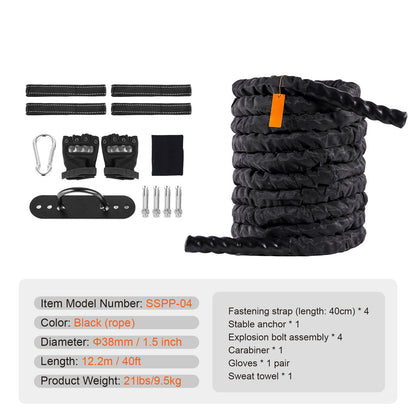 Battle Rope – Krachttouw – Fitness Touw – Trainingskoord – Workout Touw – 12 Meter – 100% Polyester – Inclusief Handvatten en Beschermhoes