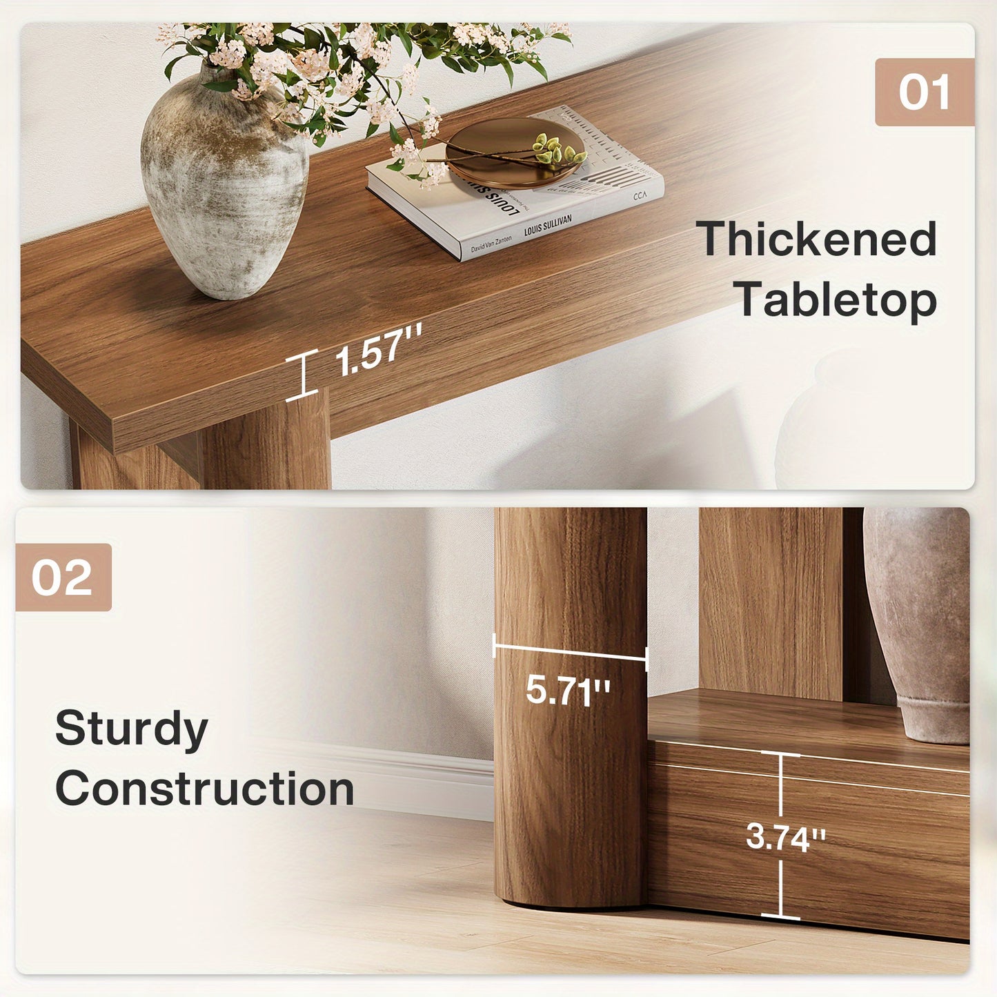 Console Tafel – Sofa Tafel – Sidetable – Haltafel – Accenttafel – 160 cm – U-Vormige Grijze Basis – Vintage Brown & Gray – Houten 2-Lagen – Landelijk Design