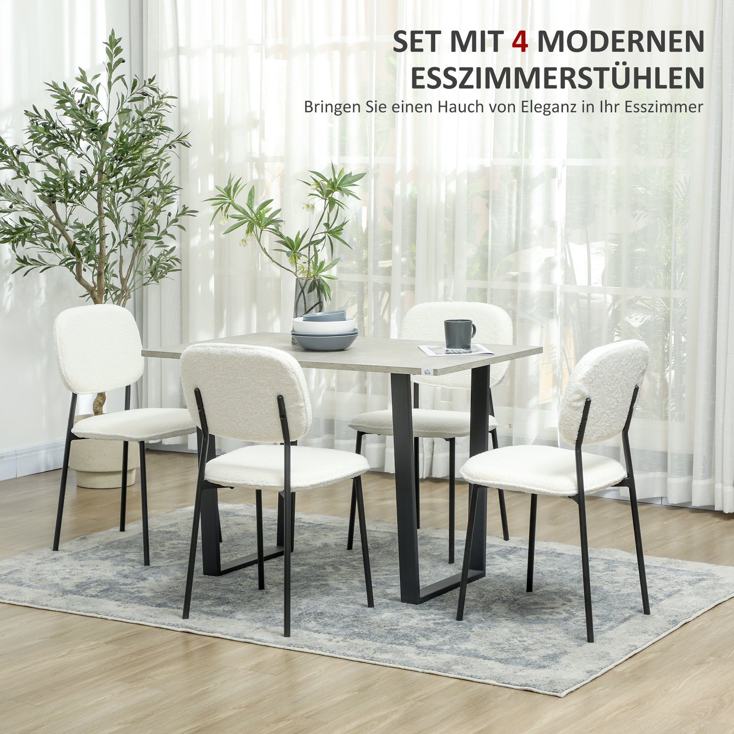 Eetkamerstoelen – Stoelen – Diningset – Zithoekstoelen – Armloze Stoelen – Set Van 4 – Zachte Bouclé Bekleding – Zwart Stalen Frame