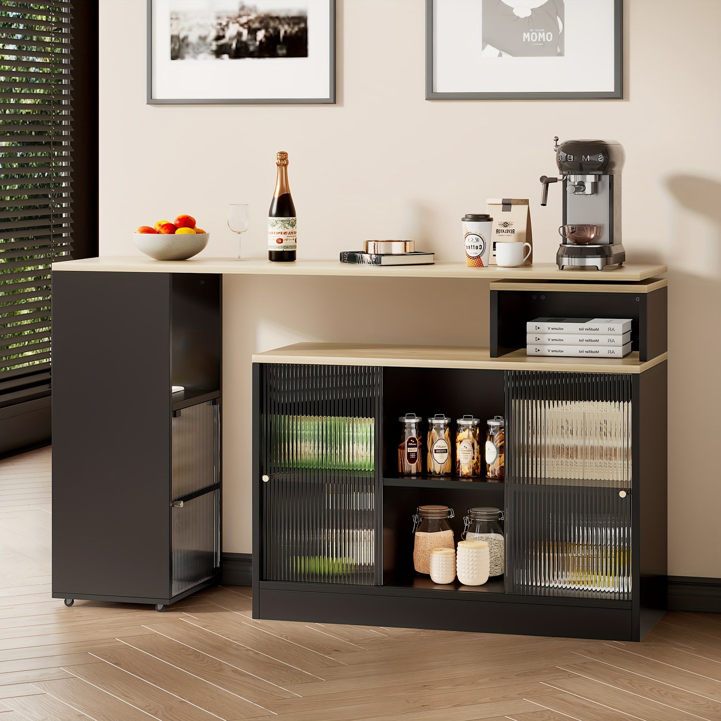 Uitschuifbare Bartafel – Bistrotafel – Hoge Tafel – Bijzettafel – Multifunctionele Tafel – Zwart Rattan Glas – 360° Draaibaar Zonder Tillen – Met Opbergruimte