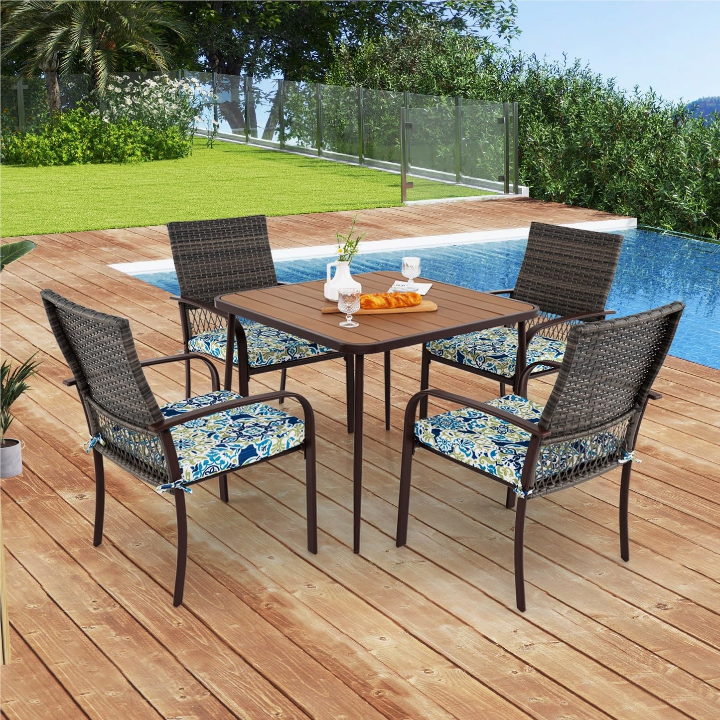 Polyrattan Tuinset – Tuinmeubelset – Loungeset – Terrasmeubels – Bistroset – WPC Tafelblad met Parasolgat – Met 4 Comfortabele Stoelkussens