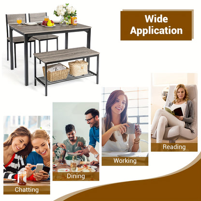 Eettafelset – 4-Delig Meubelset – Industrieel Tafel + Stoelen – Bankje Met Opbergruimte – Compact Ruimtebesparend Design – MDF Met Metalen Frame