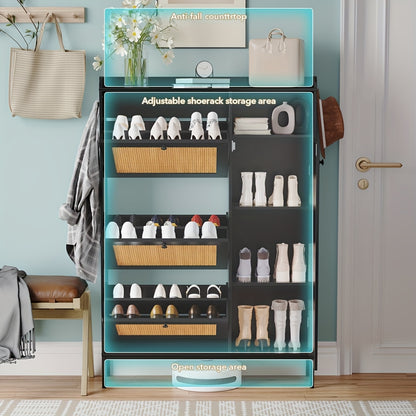 3-Drawer Rattan Shoe Cabinet with Adjustable Shelves & Metal Knobs - Freestanding Contemporary Entryway Organizer, 68.58cm Tall Narrow Shoe Rack for Hallway, Durable MDF & Wood Construction, No Assembly Required, Shoe Storage