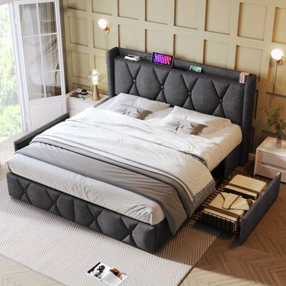 Bedframe 140x200 – Tweepersoonsbed – Opbergbed – Gestoffeerd Bed – Lattenbodem – Grijs – Met Opberglades en Hoofdeinde – Inclusief Matras en Houten Latten