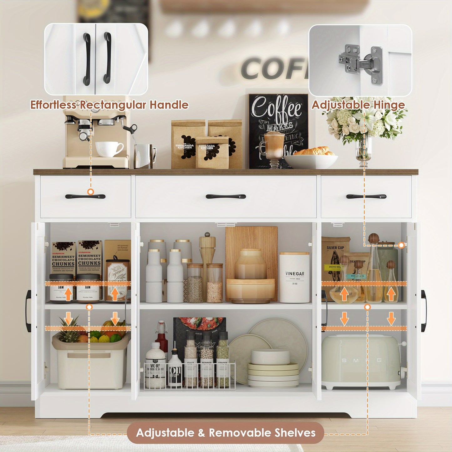 Sideboard – Dressoir – Kast – Opbergkast – Buffetkast – Wit Met Bruin Hout – 140 cm Breed – Verstelbare Planken – Kantelbeveiliging