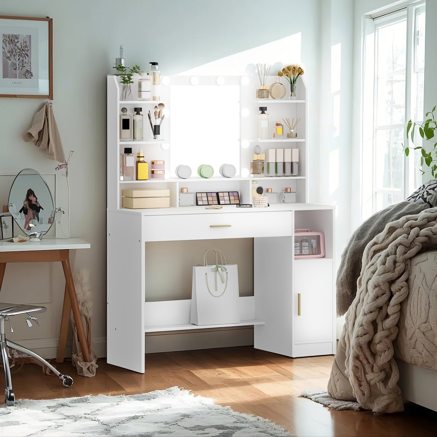 Kaptafel – Make-up tafel – Schminktisch – Toillet – Dressing tafel – Witte kleur – Verstelbare LED-verlichting – Ruime lades en open planken