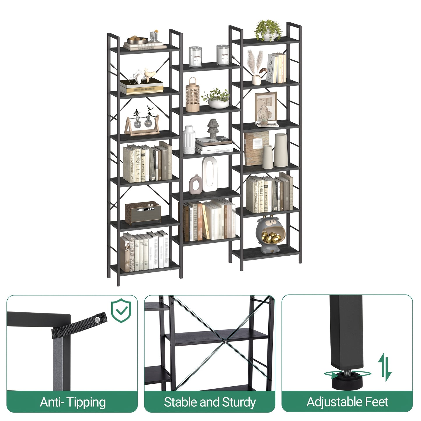 Boekenkast – Boekplank – Opbergkast – Wandrek – Stellingkast – Metalen Frame – 17 Verstelbare Planken – Ruime Opbergcapaciteit – Zwart Mat