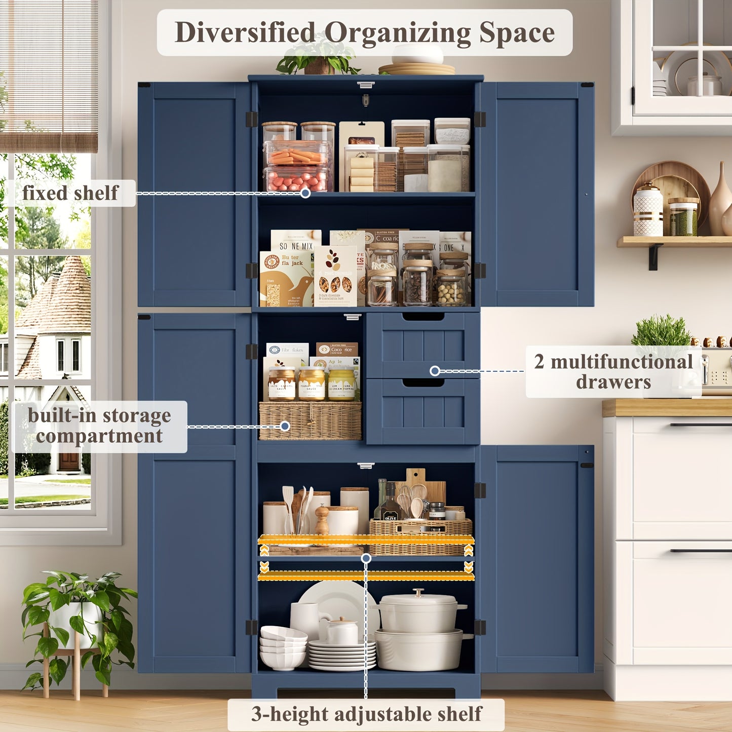 Opbergkast – Opbergmeubel – Dressoir – Vakkenkast – Kast Met 4 Deuren & 2 Laden – Moderne Blauwe MDF Kast – Hoog 164,5 cm – Ruime 3,2 Kubieke Voet Opslagruimte