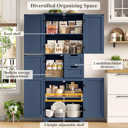 Opbergkast – Opbergmeubel – Dressoir – Vakkenkast – Kast Met 4 Deuren & 2 Laden – Moderne Blauwe MDF Kast – Hoog 164,5 cm – Ruime 3,2 Kubieke Voet Opslagruimte
