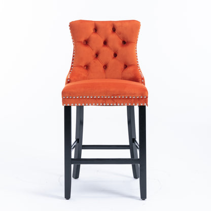 Barstoel – Barkruk – Barstoelen – Keukenstoel – Barkrukken – Set Van 2 – Modern Oranje Velvet – Hoog Rugleuning – Houten Poten – Verstelbare Zithoogte – Comfortabele Kussens – 136 kg Draagvermogen