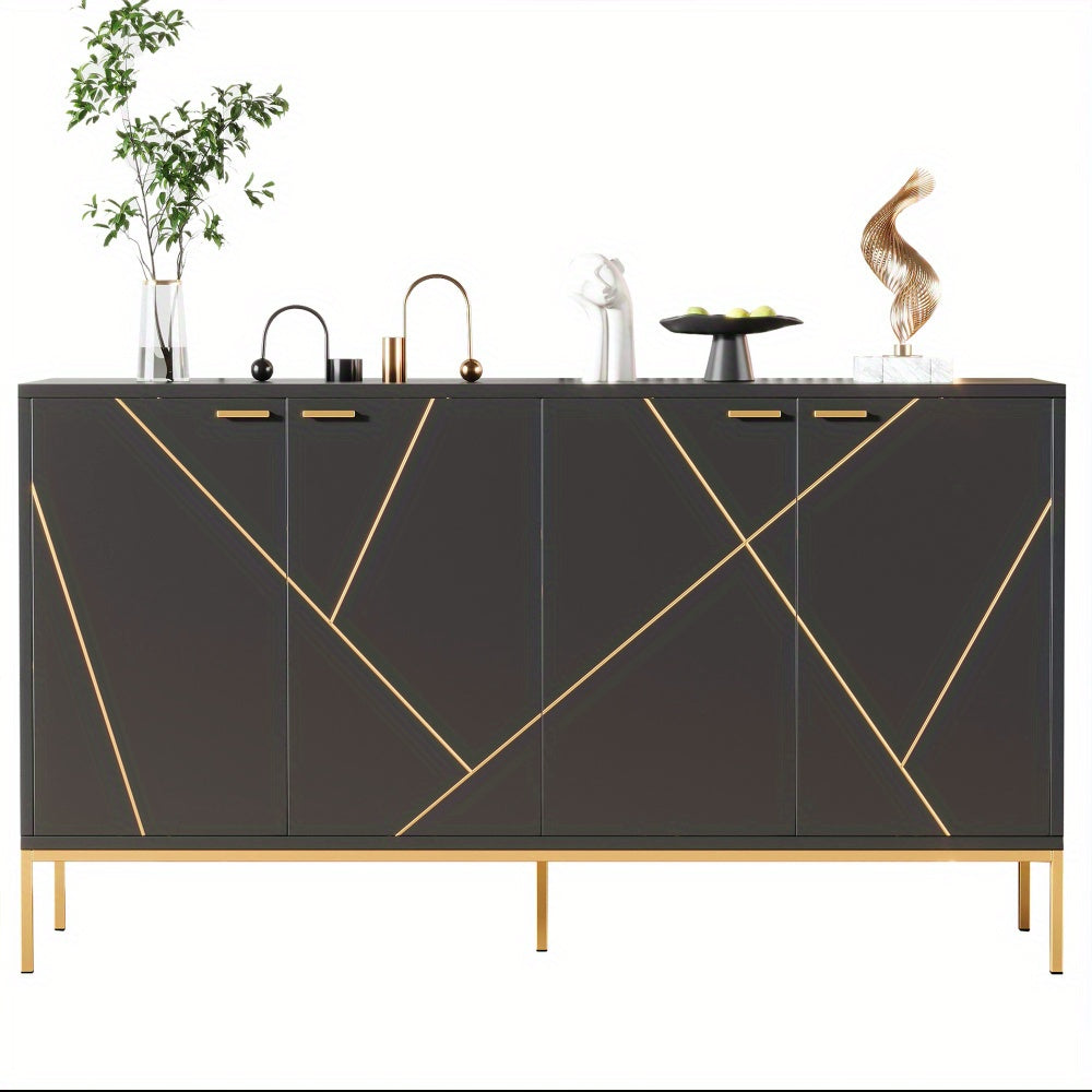 Buffetkast – Dressoir – Opbergkast – Kast – Buffet – Zwart Met Gouden Accenten – 4-Deurs Met Metalen Poten – Compact 80x150x40 Cm – Modern Lineair Design